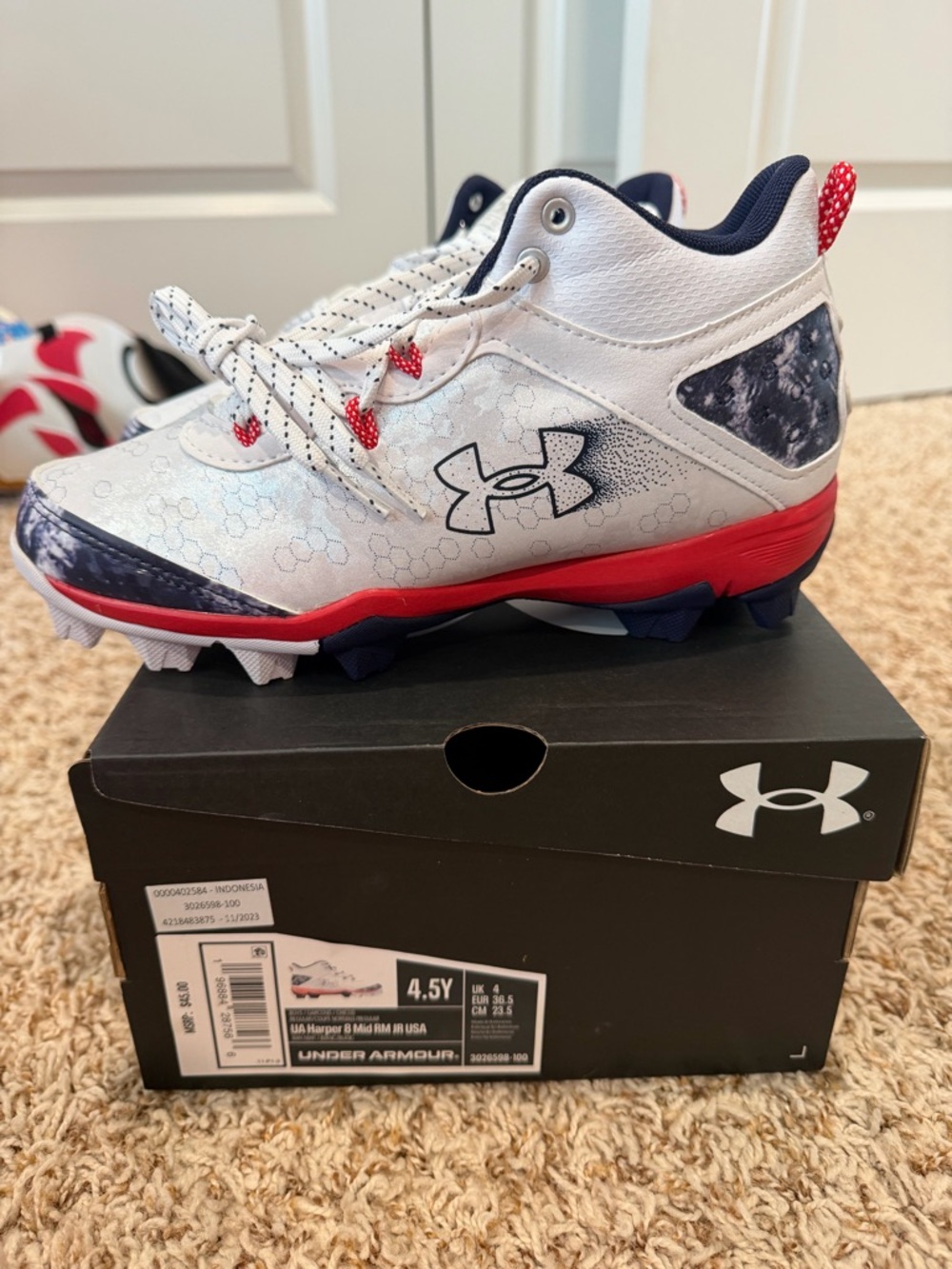 Under Armour Kids White Navy Red Turf Cleats